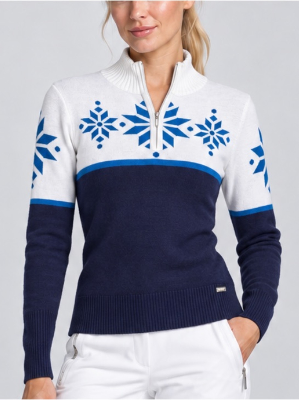 NILS Snowflake 1/4 Zip Sweater Long Sleeve in White and Blue